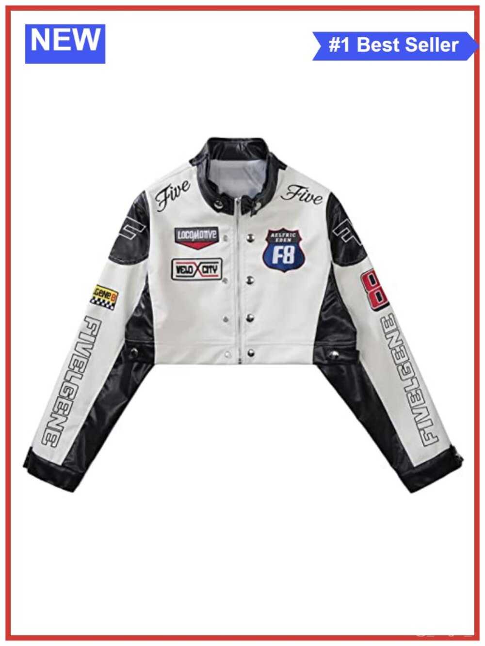 Faux Leather Cropped Moto Biker Jacket Embroidered Color Block Letter